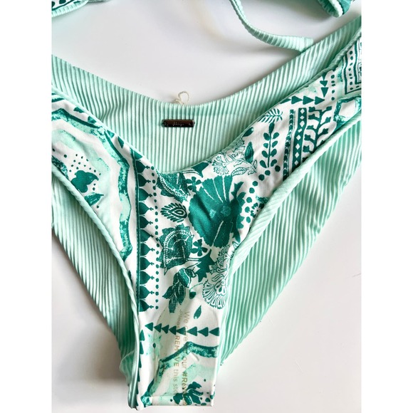 NWOT Maaji Bikini Top & Bikini Bottom Reversible Printed Rib Teal Green Women S - Picture 7 of 7